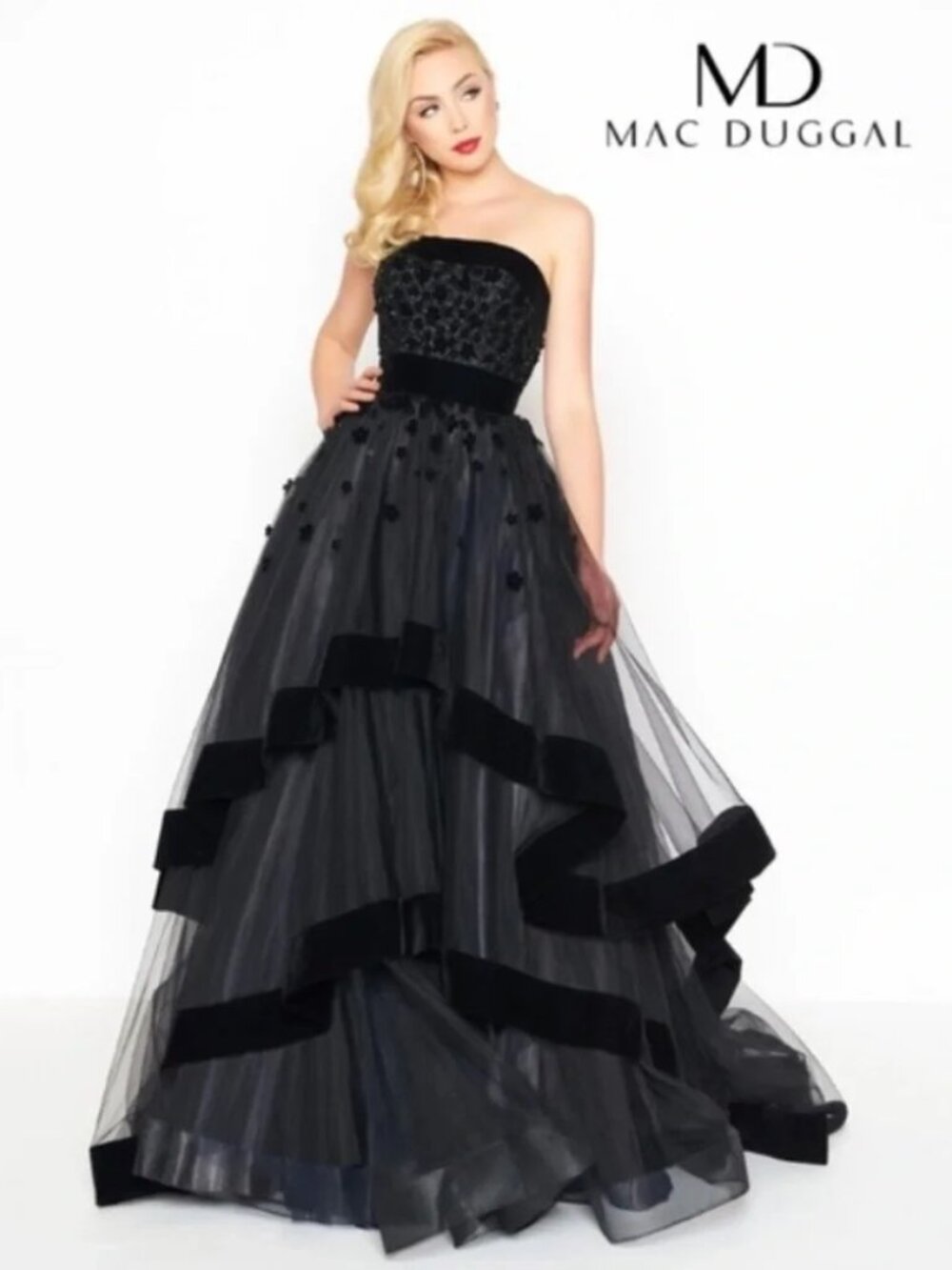 NWT Mac Duggal Black Velvet Trim Strapless Ballgown - S(4)